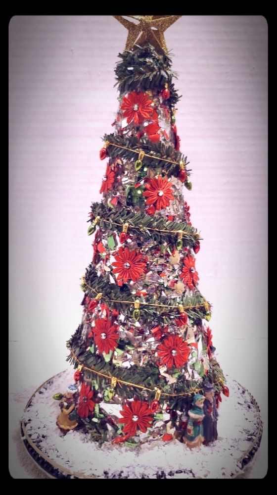 Handmade Poinsettia Village Christmas Tree